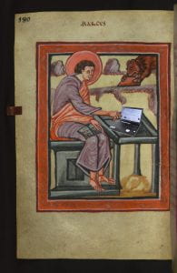 image of medieval scribe with a laptop