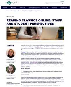 Image of Reading Classics Online blog post on QAA website